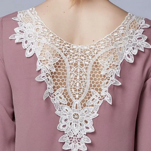 Crochet Lace Back Bell Sleeves Rose Chiffon Blouse - Picture 3 of 8